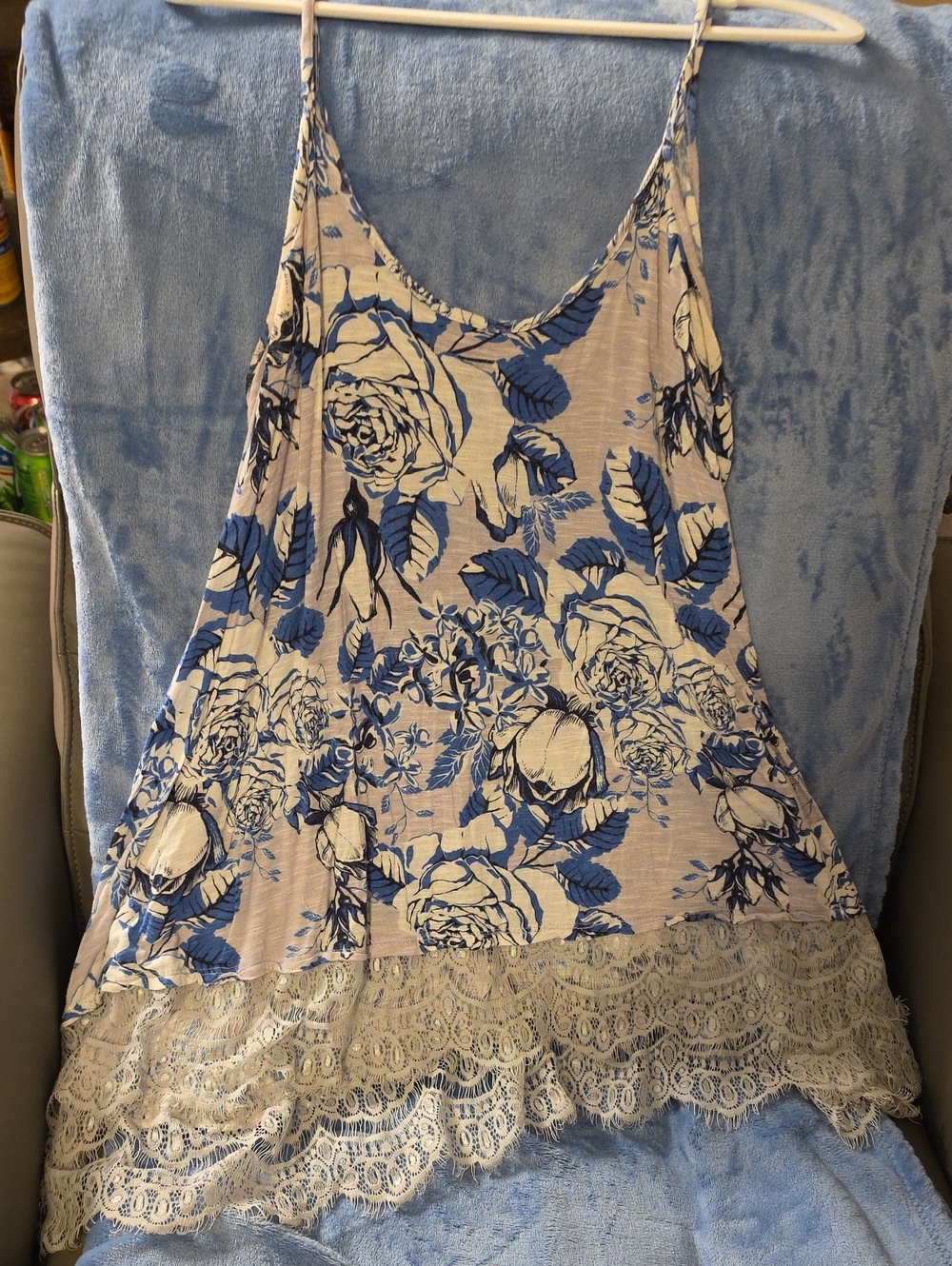 Floral Lace-Hem Camisole in Blue and Cream — Women’s Lightweight Tank